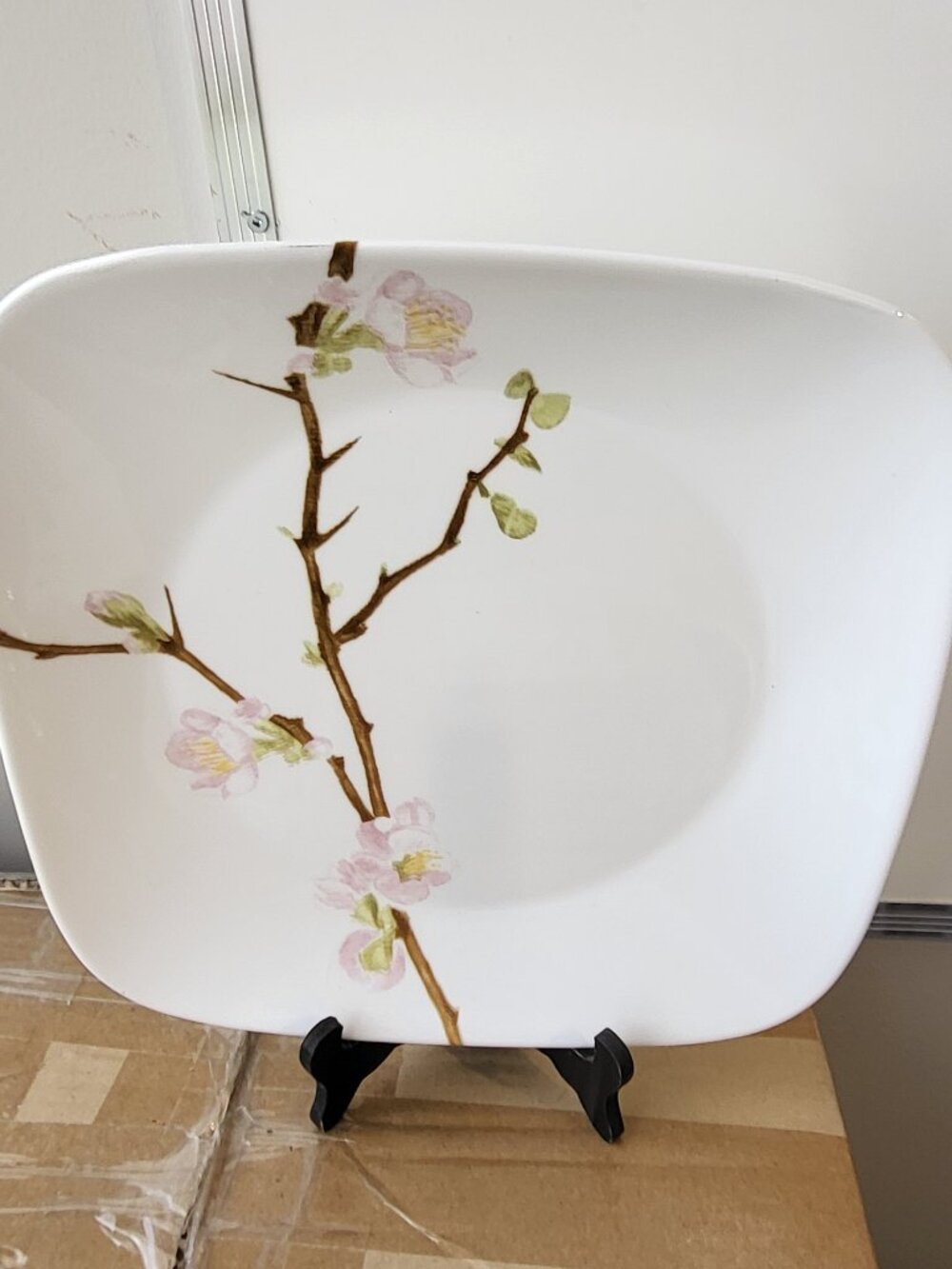 Lot of 4 Corelle Cherry Blossom White Pink Flowers 10 1/4" Square Dinner Plates